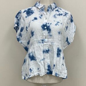 Rachel Zoe Blue And White Tie Dye Linen Peplum Button Down Blouse‎ Top